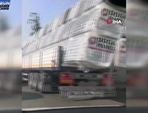 Trafiğe aldırış etmeden tehlikeli yük taşıyan tıra ceza